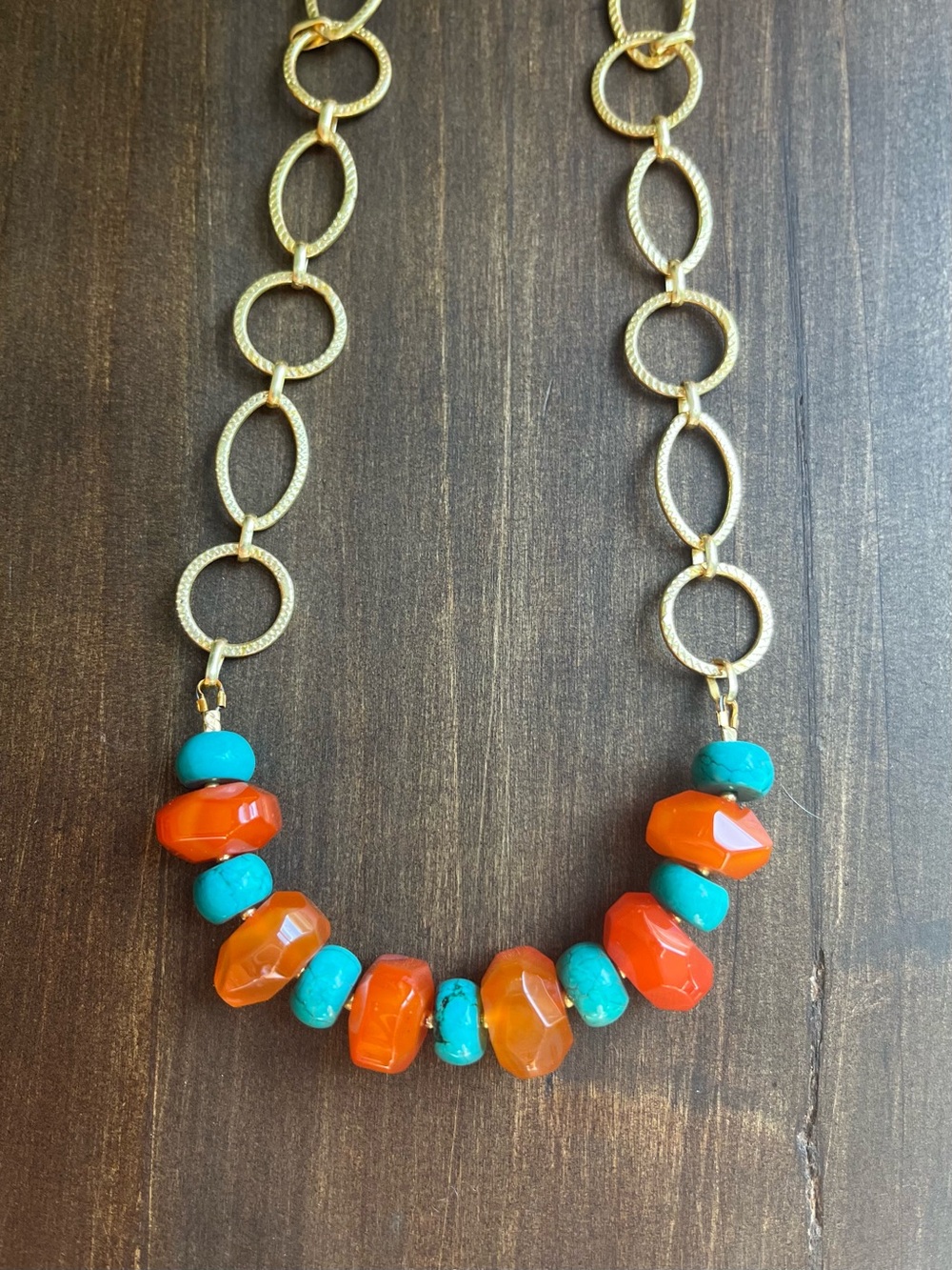 NWOT Gold Chain Necklace with Carnelian and Turquoise Beads